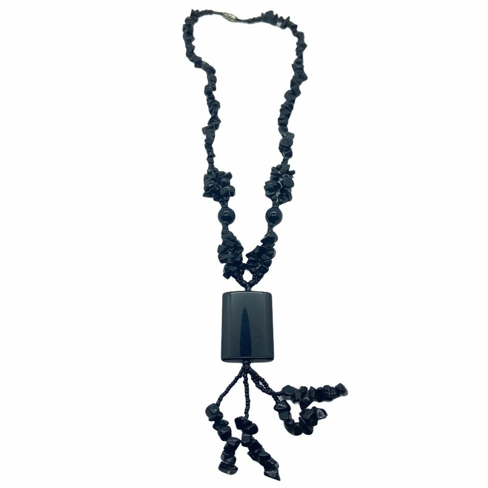 Women's Black Onyx Screw Clasp Beaded Chip Rectangle Pendant Necklace 13 inches